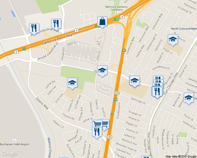 map of restaurants, bars, coffee shops, grocery stores, and more near 2120 Olivera Court in Concord