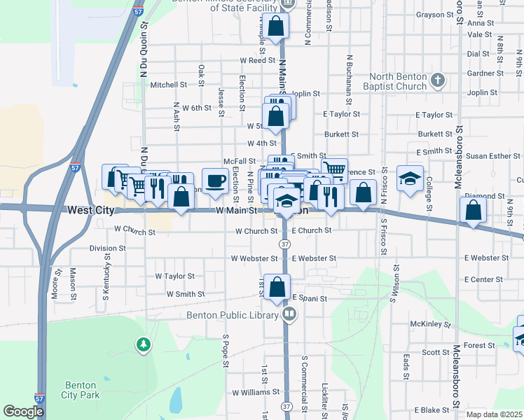 map of restaurants, bars, coffee shops, grocery stores, and more near 209 West Main Street in Benton