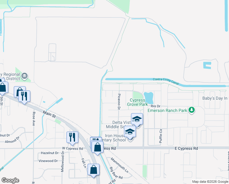 map of restaurants, bars, coffee shops, grocery stores, and more near 10 Da Vinci Court in Oakley