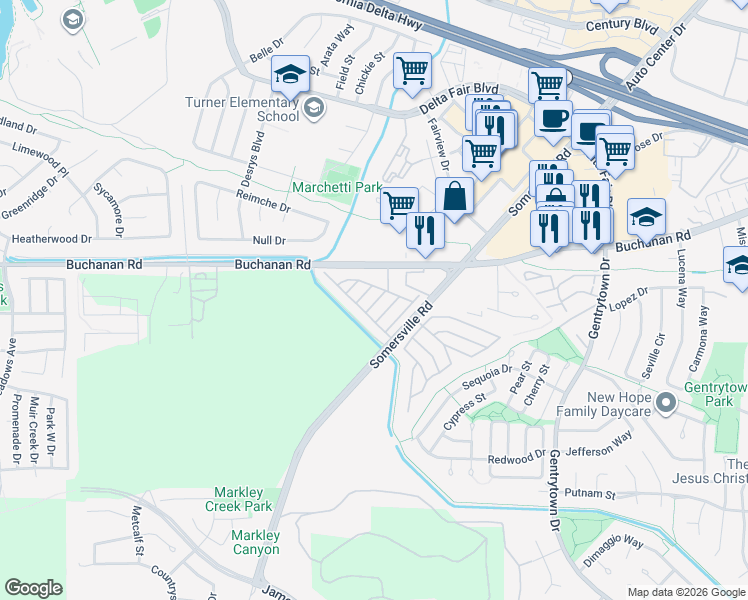 map of restaurants, bars, coffee shops, grocery stores, and more near 94 Un Road in Antioch