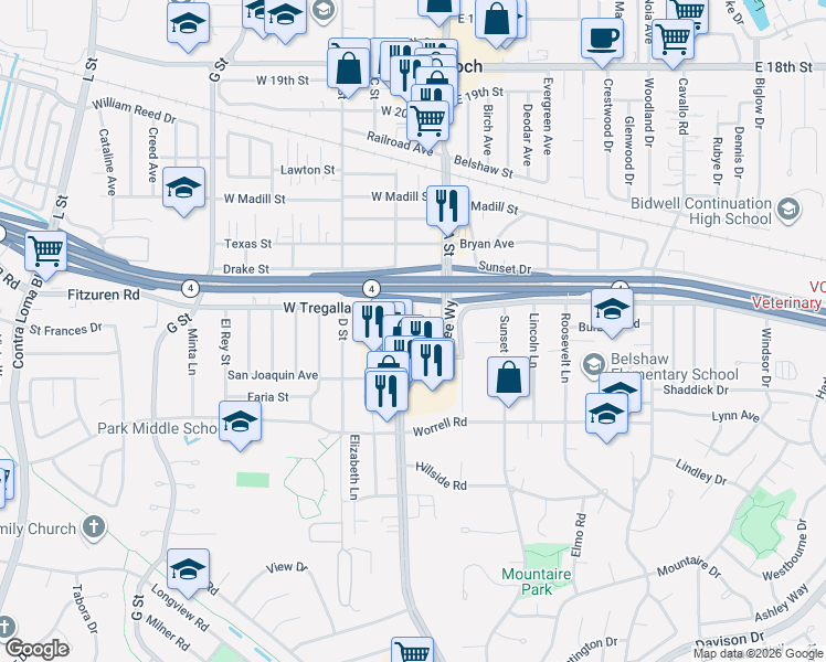 map of restaurants, bars, coffee shops, grocery stores, and more near 16 Wightman Court in Antioch