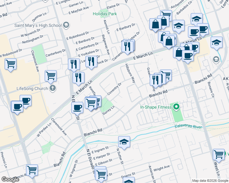 map of restaurants, bars, coffee shops, grocery stores, and more near 4724 Tanglewood Court in Stockton