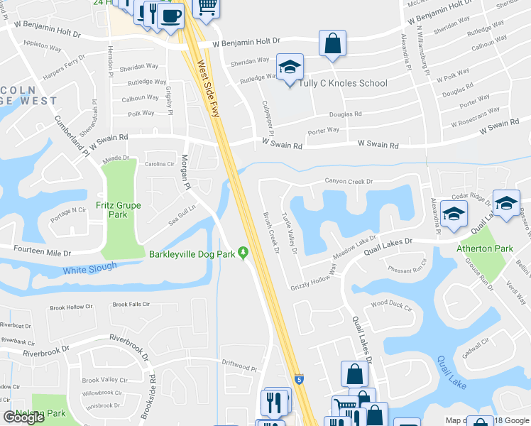 map of restaurants, bars, coffee shops, grocery stores, and more near 5831 Brush Creek Drive in Stockton