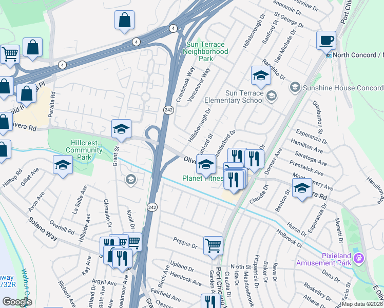 map of restaurants, bars, coffee shops, grocery stores, and more near 2380 Olivera Road in Concord