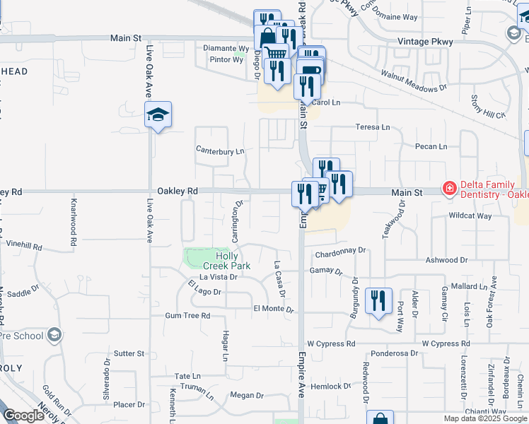 map of restaurants, bars, coffee shops, grocery stores, and more near 2084 Springbrook Court in Oakley