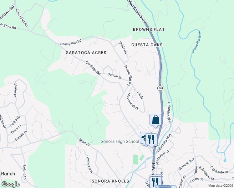 map of restaurants, bars, coffee shops, grocery stores, and more near 866 Shaws Flat Rd in Sonora