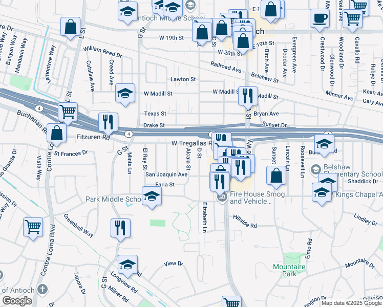 map of restaurants, bars, coffee shops, grocery stores, and more near 2725 Alcala Street in Antioch