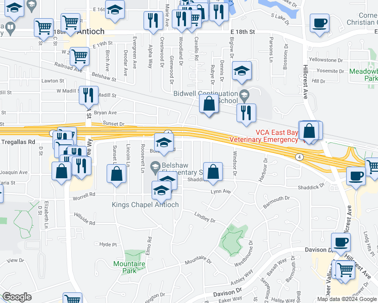 map of restaurants, bars, coffee shops, grocery stores, and more near 2716 Stamm Drive in Antioch