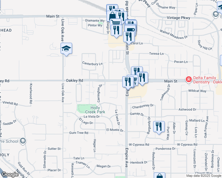 map of restaurants, bars, coffee shops, grocery stores, and more near 2084 Springbrook Court in Oakley