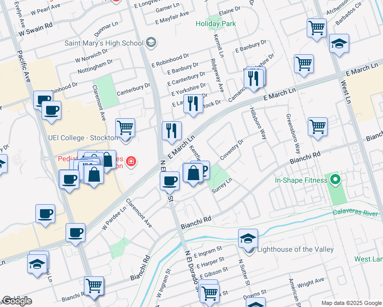 map of restaurants, bars, coffee shops, grocery stores, and more near 111 Gateway Court in Stockton
