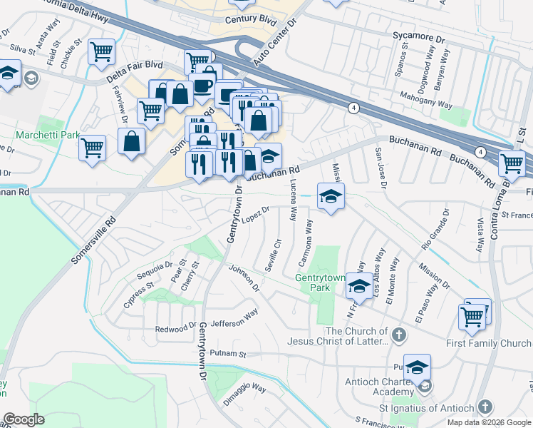 map of restaurants, bars, coffee shops, grocery stores, and more near 2812 Seville Circle in Antioch