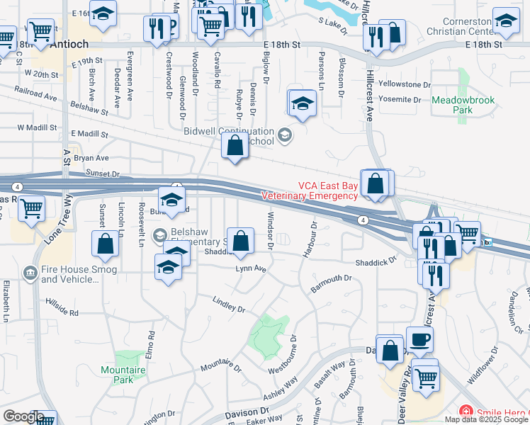 map of restaurants, bars, coffee shops, grocery stores, and more near 640 East Tregallas Road in Antioch