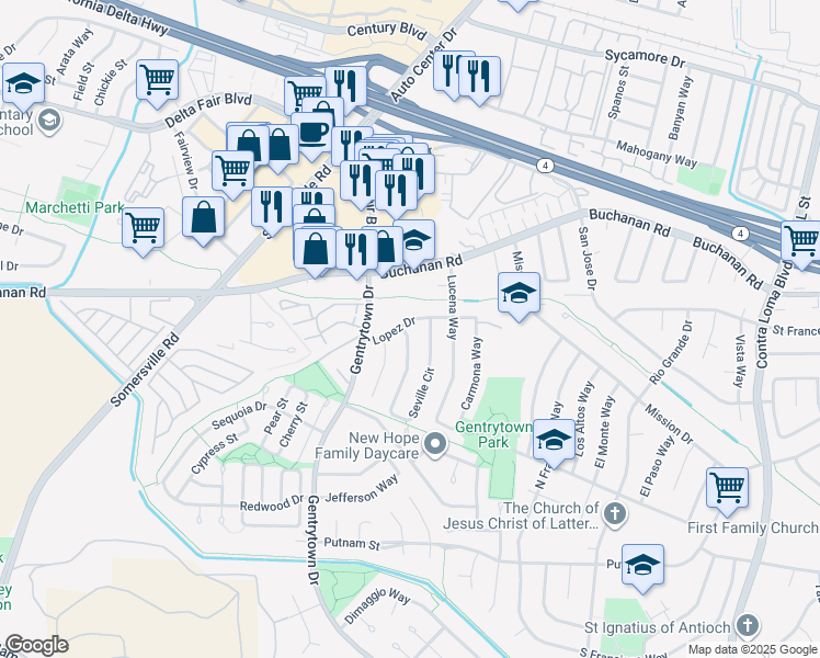 map of restaurants, bars, coffee shops, grocery stores, and more near 2117 Lopez Drive in Antioch