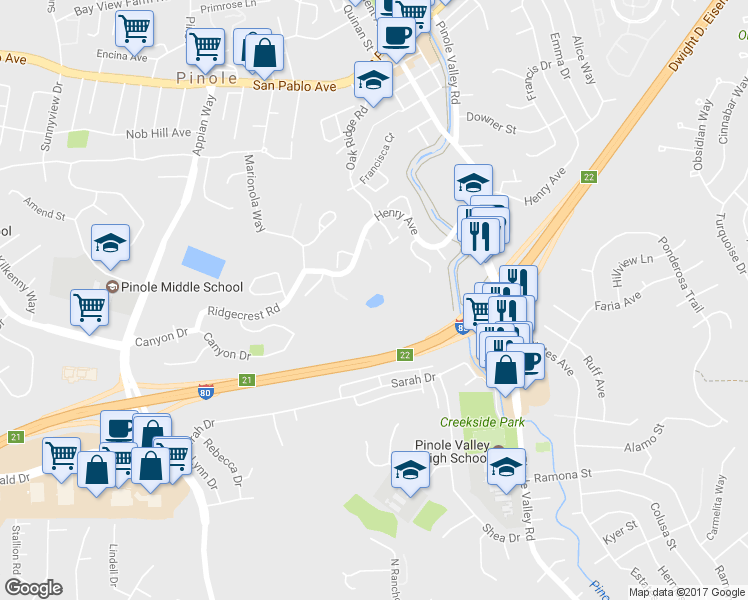 map of restaurants, bars, coffee shops, grocery stores, and more near 1407 Montecito Lane in Pinole