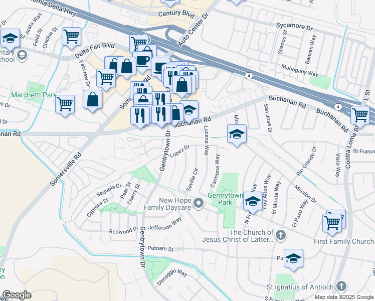 map of restaurants, bars, coffee shops, grocery stores, and more near 2117 Lopez Drive in Antioch