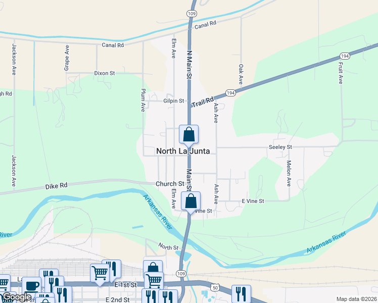 map of restaurants, bars, coffee shops, grocery stores, and more near in North La Junta