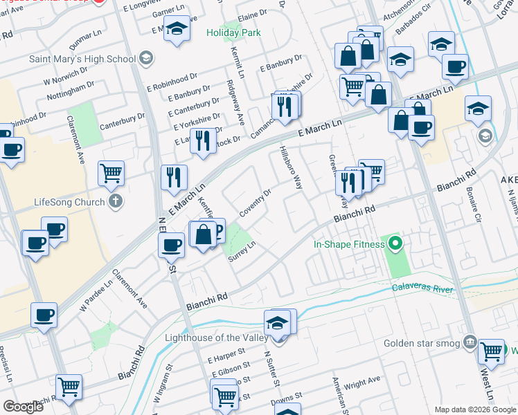 map of restaurants, bars, coffee shops, grocery stores, and more near 4724 Tanglewood Court in Stockton