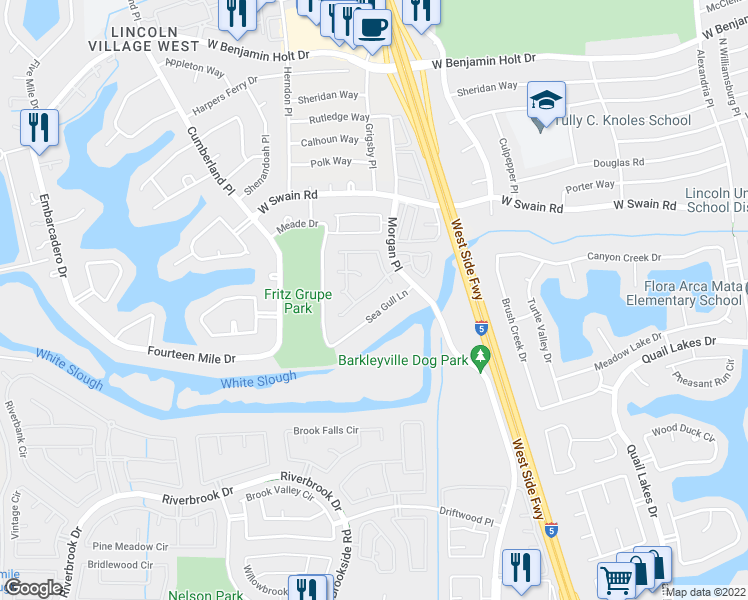 map of restaurants, bars, coffee shops, grocery stores, and more near 3103 Sea Gull Lane in Stockton