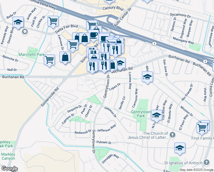 map of restaurants, bars, coffee shops, grocery stores, and more near 2217 Lopez Drive in Antioch