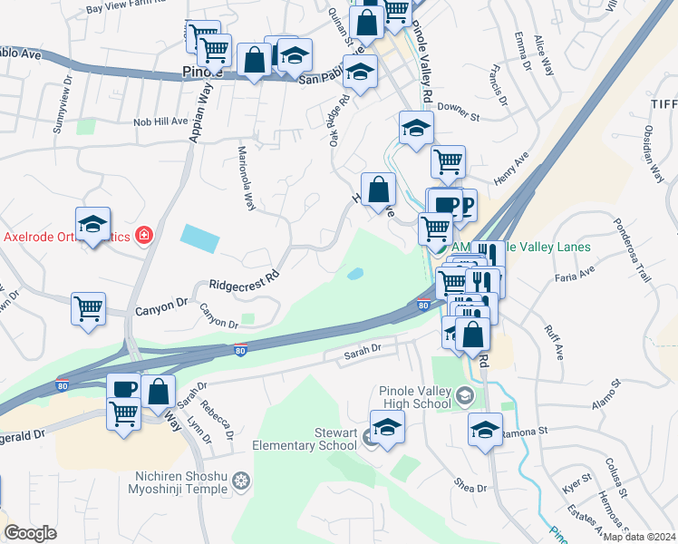 map of restaurants, bars, coffee shops, grocery stores, and more near Appian Way in Pinole