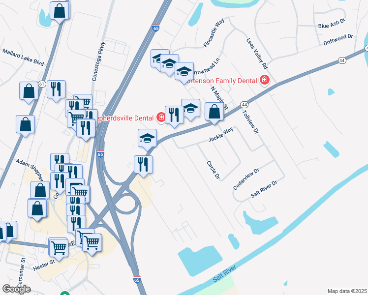map of restaurants, bars, coffee shops, grocery stores, and more near 388 Jackie Way in Shepherdsville