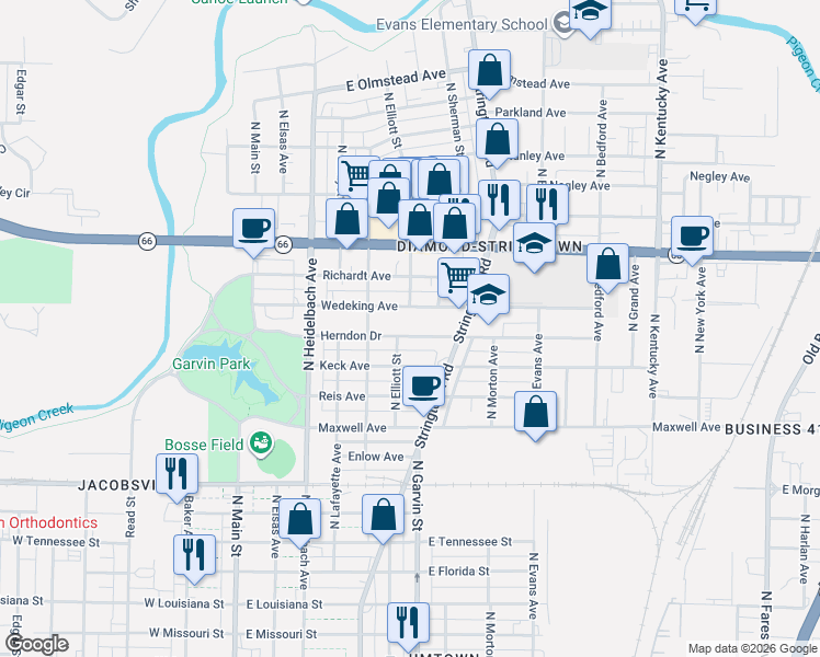 map of restaurants, bars, coffee shops, grocery stores, and more near 504 Herndon Drive in Evansville