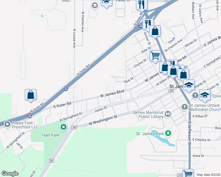 map of restaurants, bars, coffee shops, grocery stores, and more near 615 West James Boulevard in Saint James