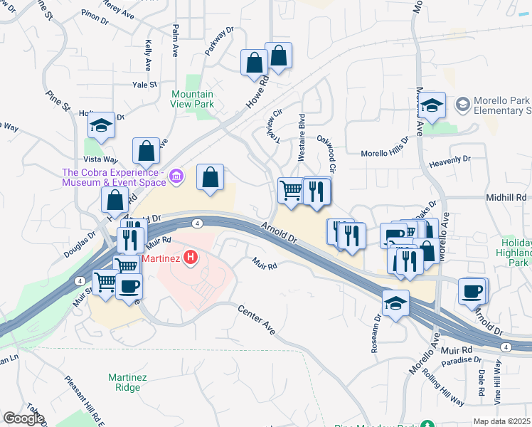map of restaurants, bars, coffee shops, grocery stores, and more near 398 Mill Road in Martinez