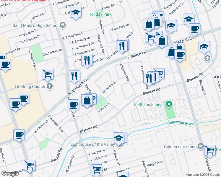 map of restaurants, bars, coffee shops, grocery stores, and more near 4724 Tanglewood Court in Stockton