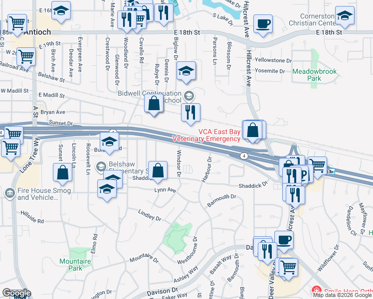 map of restaurants, bars, coffee shops, grocery stores, and more near 2709 Windsor Drive in Antioch