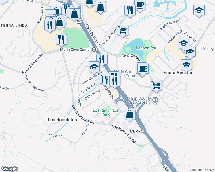 map of restaurants, bars, coffee shops, grocery stores, and more near 238 Merrydale Road in San Rafael