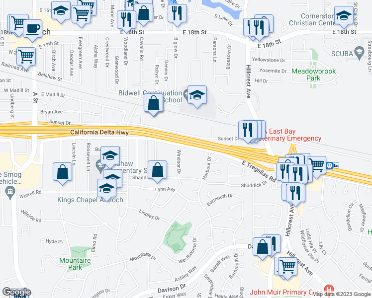 map of restaurants, bars, coffee shops, grocery stores, and more near 2709 Windsor Drive in Antioch