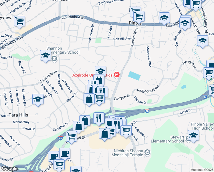 map of restaurants, bars, coffee shops, grocery stores, and more near 2116 Appian Way in Pinole