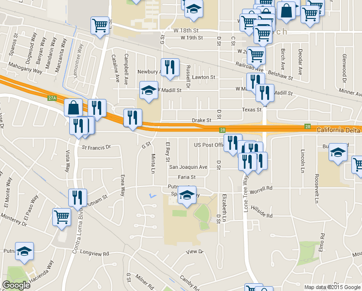 map of restaurants, bars, coffee shops, grocery stores, and more near 2721 Dolores Street in Antioch