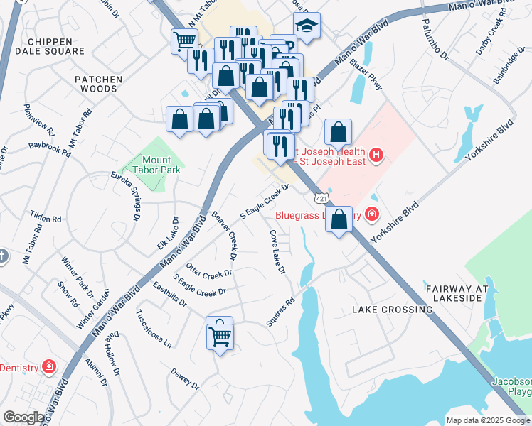 map of restaurants, bars, coffee shops, grocery stores, and more near 3351 Cove Lake Drive in Lexington