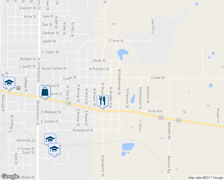 map of restaurants, bars, coffee shops, grocery stores, and more near 306 North Studell Avenue in Benton
