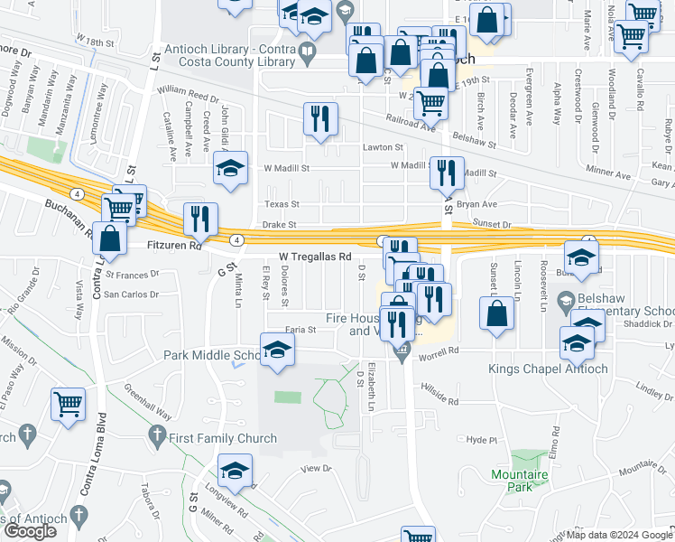 map of restaurants, bars, coffee shops, grocery stores, and more near 2720 Alcala Street in Antioch