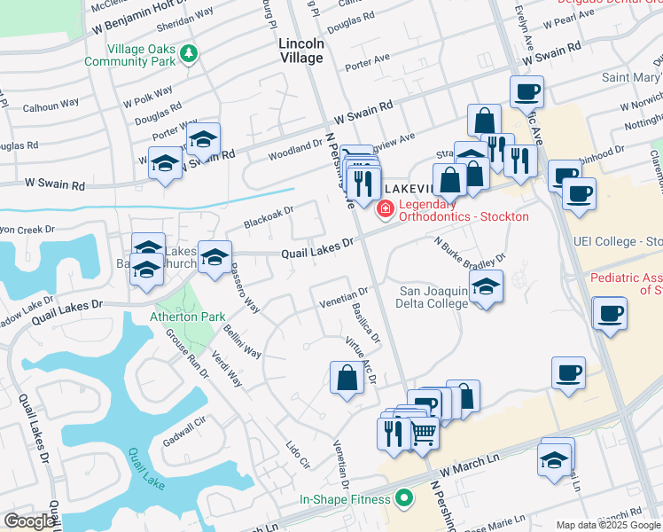 map of restaurants, bars, coffee shops, grocery stores, and more near 5529 Sandpiper Court in Stockton