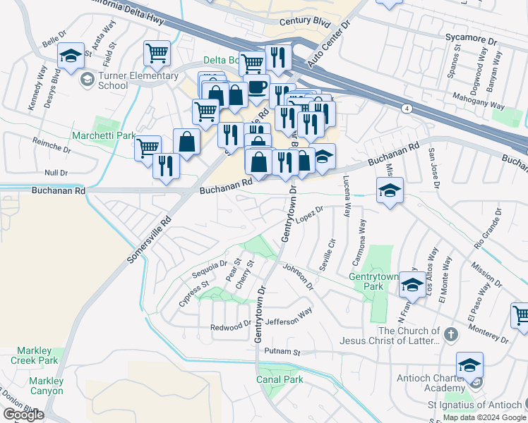 map of restaurants, bars, coffee shops, grocery stores, and more near 25 Madrid Lane in Antioch