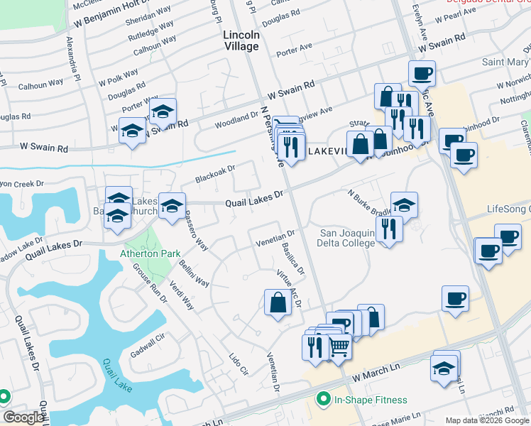 map of restaurants, bars, coffee shops, grocery stores, and more near 5529 Sandpiper Court in Stockton
