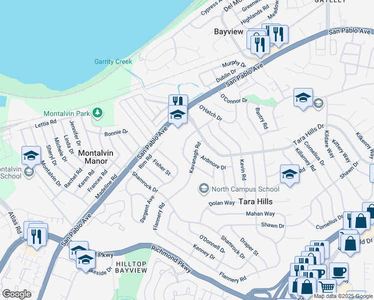map of restaurants, bars, coffee shops, grocery stores, and more near 2570 Brian Road in San Pablo