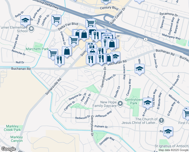 map of restaurants, bars, coffee shops, grocery stores, and more near 25 Madrid Lane in Antioch