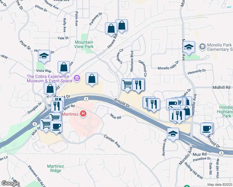 map of restaurants, bars, coffee shops, grocery stores, and more near 398 Mill Road in Martinez