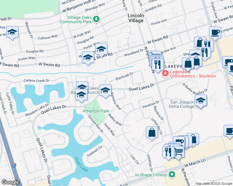 map of restaurants, bars, coffee shops, grocery stores, and more near 1773 Long Barn Way in Stockton