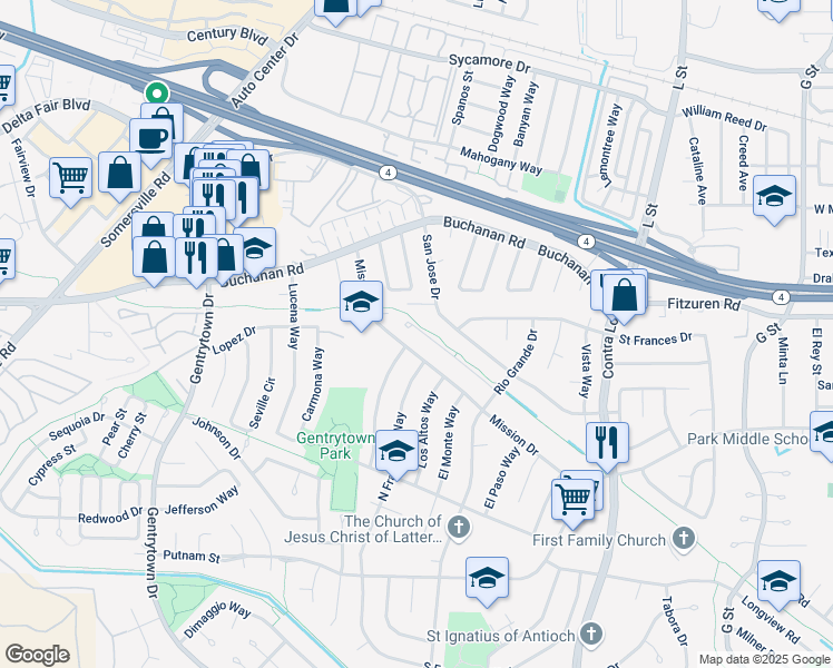 map of restaurants, bars, coffee shops, grocery stores, and more near 1604 Mission Drive in Antioch