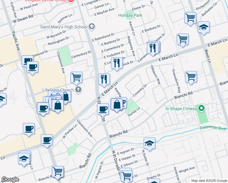 map of restaurants, bars, coffee shops, grocery stores, and more near 111 Gateway Court in Stockton