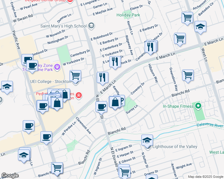 map of restaurants, bars, coffee shops, grocery stores, and more near 111 Gateway Court in Stockton