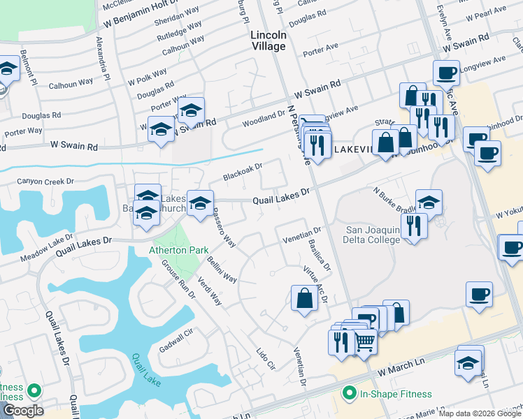 map of restaurants, bars, coffee shops, grocery stores, and more near 5531 Tree Swallow Court in Stockton