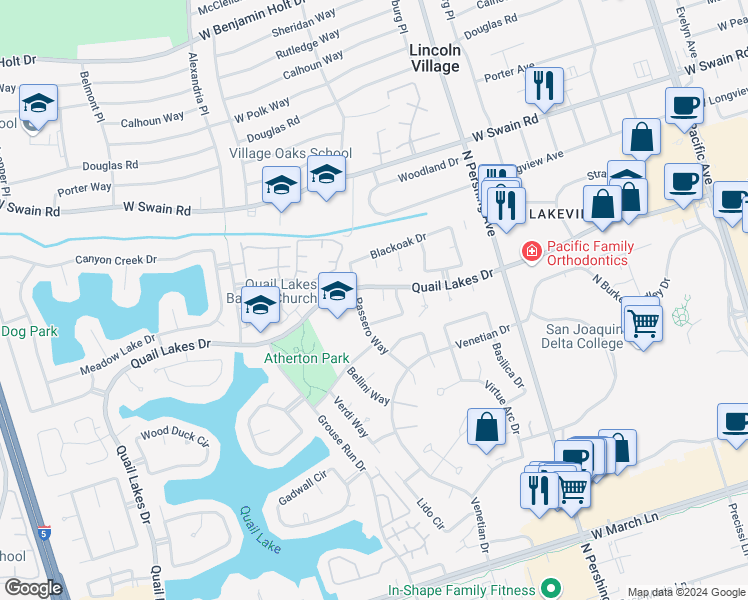 map of restaurants, bars, coffee shops, grocery stores, and more near 1773 Long Barn Way in Stockton