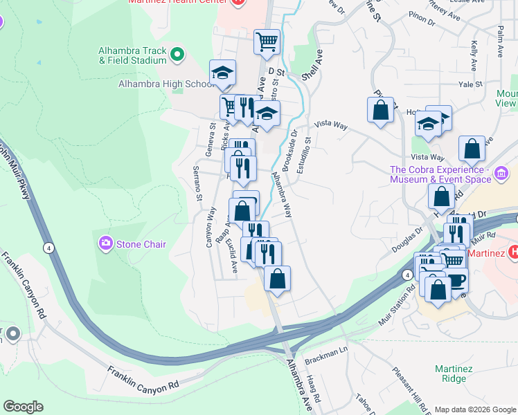 map of restaurants, bars, coffee shops, grocery stores, and more near 600 J Street in Martinez